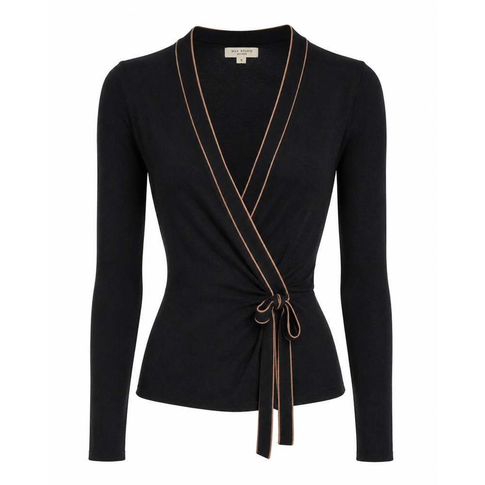 Max‎ Studio London Black Brown Edged V-Neck Wrap Cardigan Size Small